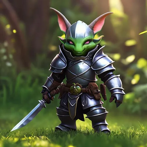 Prompt: Goblin, pots and pans armor, fantsy, playful, knight, adventure, outside background, green skin, small, long ears, long nose