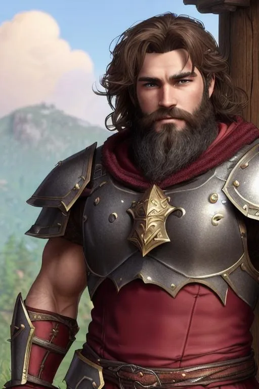 Prompt: male paladin fantasy character, rugged looking, strong musculature, very hairy chest, short wavy hair and short trimmed beard, armor, crimson clothing. 