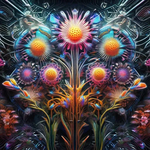 Prompt: digital super-detailed photorealistic picture represent  "Unbelievable biomorph flowers  ". full-body picture with a detailed face`s zones. Multi-contrasts (scene plans and elements, colors, lights, forms, lines, rhythms, negative and positive space). Crisp quality in added Ukrainian modern cultural elements. Holographic effect on solid surfaces. Composition, Structures, Edges are based on Fractals and Fibonacci set