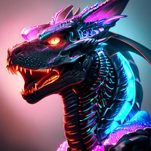 Prompt: Portrait of a roaring neon skeleton dragon with iridescent black markings and a cute face, perfect composition, hyperrealistic, super detailed, 8k, high quality, trending art, trending on artstation, sharp focus, studio photo, intricate details, highly detailed, by greg rutkowski, illustration, watercolor