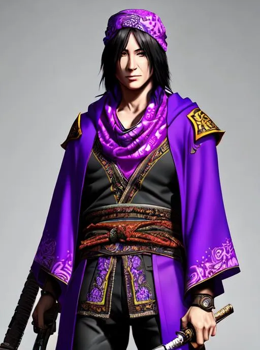 Prompt: World of Warcraft art style, A highly realistic and extremely detailed face full body portrait. Holding a weapon in both hands. Wearing a purple cloak over a his vagabond samurai kimono that he wears under and also Wearing an intricate patterned bandana on his head and Wearing a Cotton Shemagh Tactical Desert Scarf Wrapped on his neck. The character should be modeled after keanu reeves,  a fantastical Ronin young prince with handsome long, messy, and wavy silvery black hair, thin arched eyebrows, and striking bright orange eyes. A handsome Keanu Reeves male character from Warcraft. The artwork should be created in either 4K or 16K resolution and should be of photo realistic quality."
((Width: 512)), ((Height: 627)))