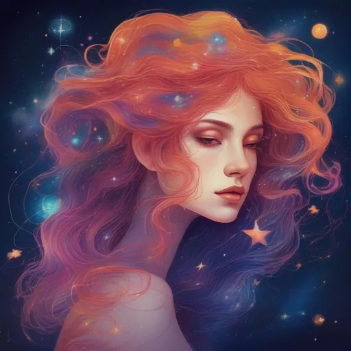 Prompt: Colorful and beautiful Persephone with hair that is made out of the stars and constellations