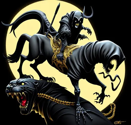 Prompt: grim reaper riding on a panther. black and gold colors