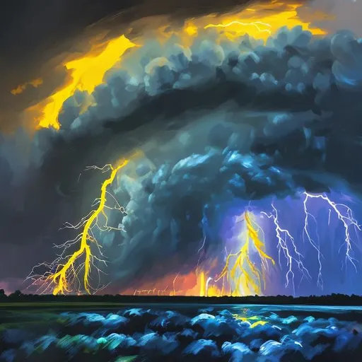 Prompt: Generate a dynamic artwork that captures the energy and rhythm of a thunderstorm using bold strokes.
