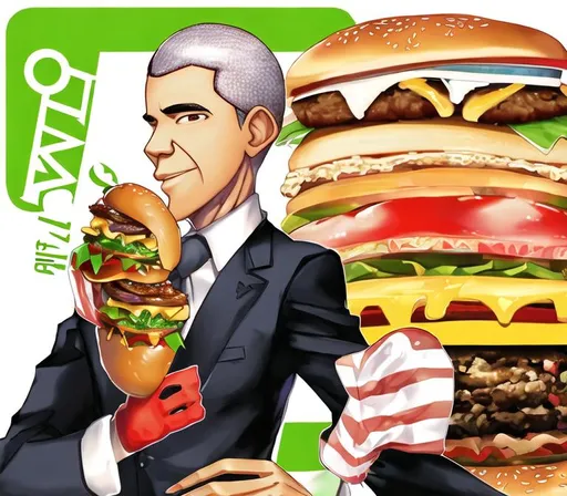 Prompt: obama standing tall with a burger in his hands