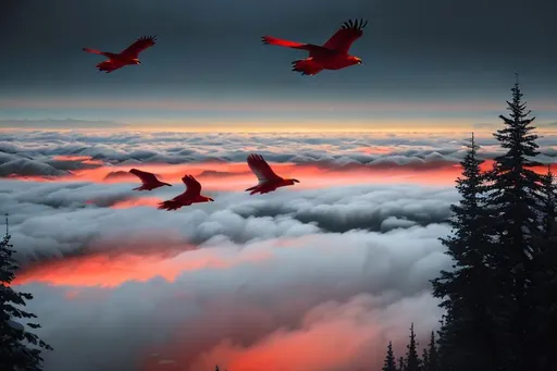 Prompt: oil painting,a flock of bright red robins flying birds over a foggy landscape,sky is filled with red robins,UHD, hd, 8k eyes,  , intricate details, {insanely detailed }, masterpiece, cinematic lighting, 8k, complementary colors, octane render, volumetric lighting, unreal 5, artwork, concept art, cover, top model, light on hair, glamourous hyperdetailed cave background, ultra-fine details, hyper-focused, deep colors, dramatic lighting | by sakimi chan, artgerm, wlop, pixiv, tumblr, instagram, deviantart