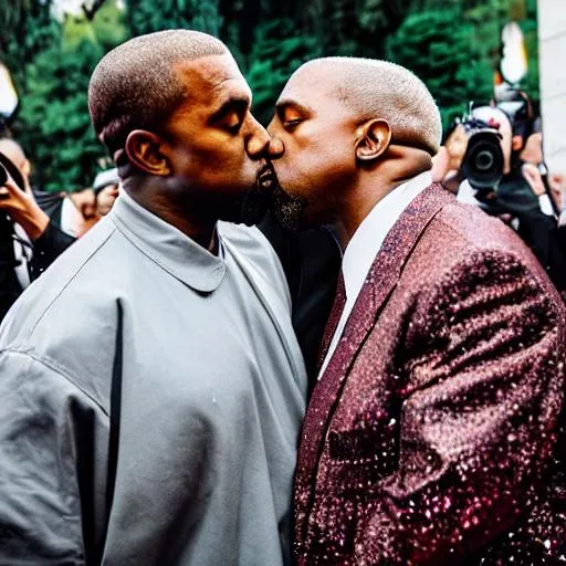 Prompt: Kanye West and kernel sanders kissing , high quality, 8k, hdr, high detail, asthetic, handsome, portrait, 
