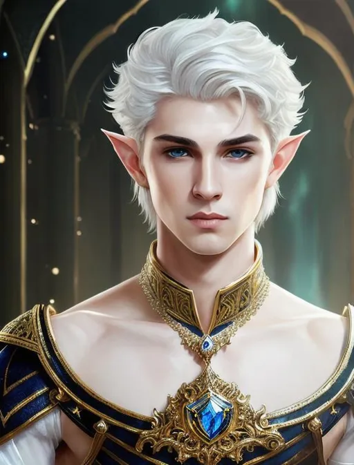 Prompt: A handsome elegant prince, sad expression, pale white skin, glossy lips, ornate jewelry on pointed elf ears, highly detailed full body ,just one head, short bright white hair,  fully dressed, dark background with stars, epic composition, ultra wide-shot, dynamic pose, concept art, dramatic lighting, digital painting, smooth, character design, ((sharp focus))