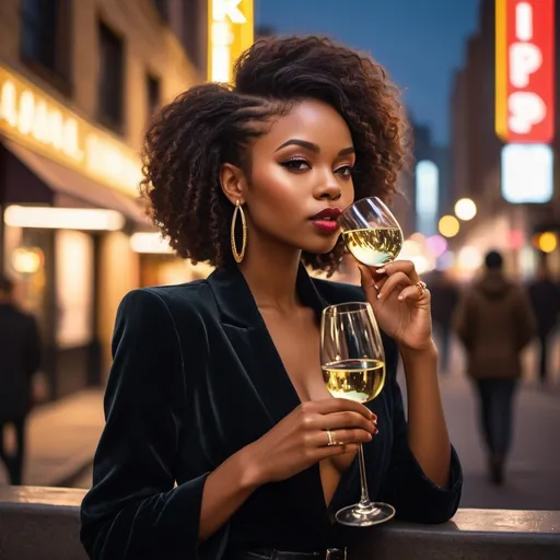 Prompt: Urban Black girl sipping wine