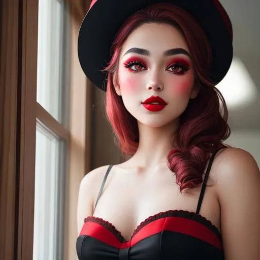 Prompt: a pretty girl wearing a red hat, wearing beautiful makeup, smokey eyeshadow, rosy cheeks and red lipstick