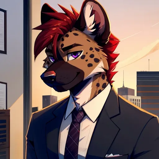 Prompt: score_9, score_8_up, score_8, solo, anthro, male, (by_keavemind), hyena, portrait, office location, formal suit, purple eyes, black and red hairstyle