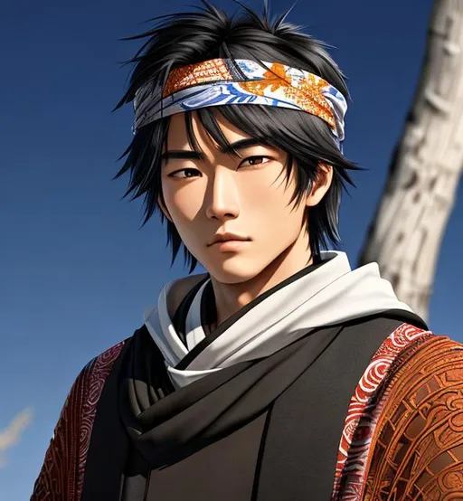 Prompt: A highly realistic and extremely detailed face full photocentric view of an 18 year old youngster Asian male character. The character should be modeled after Tanjiro Kamado. Wearing a black cloak over his vagabond samurai kimono that he wears under and also wearing an intricate patterned bandana on his head and wearing a Cotton Shemagh Tactical Desert Scarf Wrapped on his neck. Has handsome long, messy, and wavy silvery black hair, thin arched eyebrows, and striking golden eyes. The artwork should be created in either 4K or 16K resolution and should be of photo realistic quality."