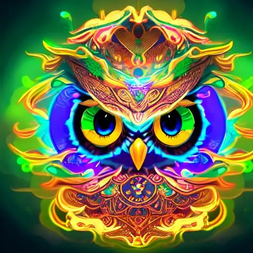 Prompt: adobe sticker illustration svgsymmetrical! unrealistic, highly detailed, close-up portrait of an intricate celestialowl ghost head wearing a tinsel, rendered hazel eyes, surrounded by colored smoke, night background, trending on artstation, masterpiece, 64k, octane render, volumetric lighting, illustration, art by artgem digital painting