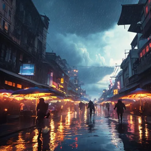 Prompt: Disrupting daily scene, on centered realistic character, details, epic, realistic, cinematic, floating lights, diffusion, umbrellas in the sky, rising sun, reflective wet ground, epic sky