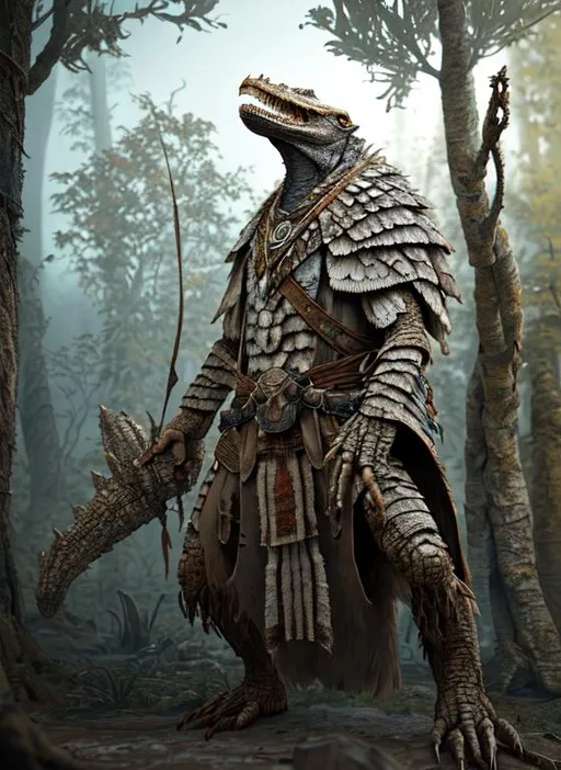 Prompt: perrealistic mixed media image of a Elder argonian white elder scrolls, wearing shamanic primitive clothing, with rustic camouflage details, stunning 3 d render inspired art by greg rutkowski and xiang duan and thomas eakes, perfect facial symmetry, flesh texture, realistic, highly detailed attributes and atmosphere, dim volumetric cinematic lighting, 8 k octane detailed render, post - processing, masterpiece,