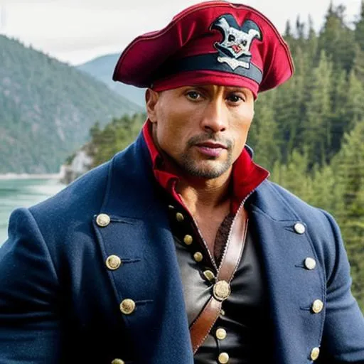Prompt: Dwayne Johnson pirate captain blue hat long red coat