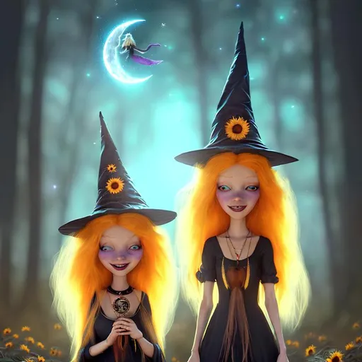 Prompt: witch with long blonde hair, tarot card, wearing witch hat, cute, sunflower, aesthetic, fairycore, disney, pixar, moon, stars, witchcraft, in a starry dark sky, beautiful, walking in a forest, sweet, dreamy, rpg, award winning illustration, artstation, highres, realistic