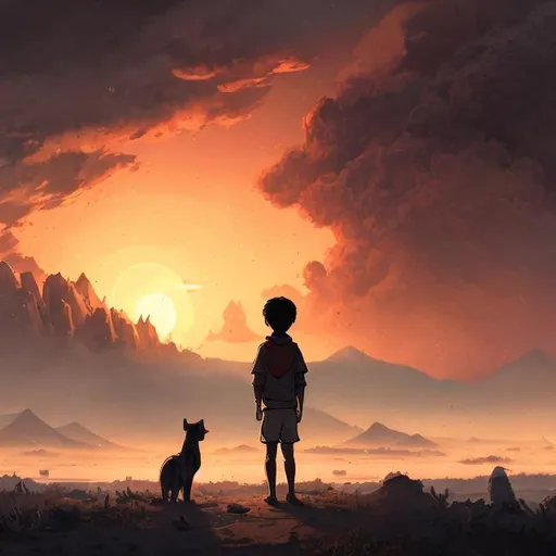 Prompt: a boy views a beautiful sunset atop a boat. Behind him is a passing violent storm. The boy lives in a barren and desolate world. He is alone except for a dog next to him. His lone companion. To his right, he sees a cluster of mountains shrouded in mist, full of mystery.