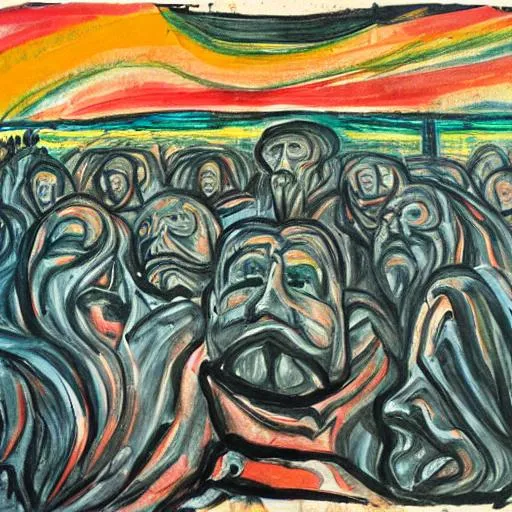 Prompt: Painting in the style of Munch showing an old army general surrounded by ghosts of his friends