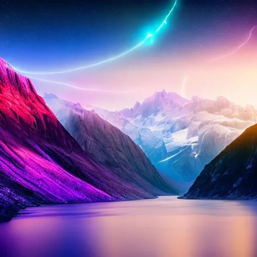 Prompt: oversaturated colors of the nightfall over the vector mountains, hidden magical symbols hidden all over in the image