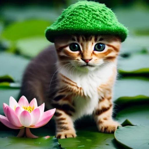 Prompt: Cute kitten wearing a green froggy hat with coat while sitting on a lilypad stranded of lukewarm water with a slight rainfall. Small lotuses scattered around the kitten