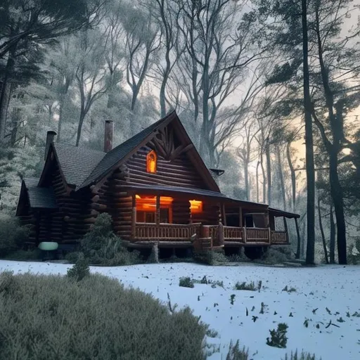 Prompt: woden house/cabin in the woods on top of a hill with a forest around it. cold scenery with snow. Snowman. 2 fields with plants in front of the house. You can see the light burning inside the house/cabin.
