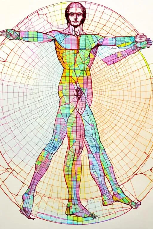 Prompt: vitruvian man da vinci prism spectrum colors




