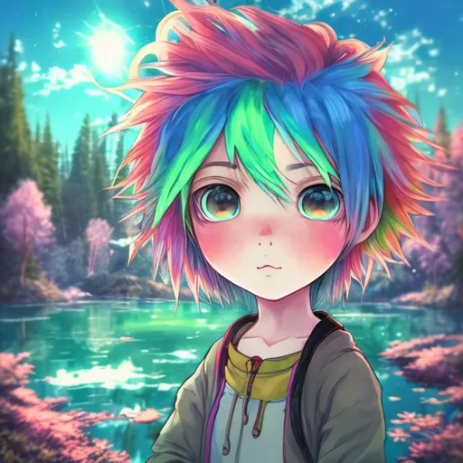 Prompt: anime style, friend on a journey, forest, sunny, lake,duck in the sky, hdr10, vivid, pink and blue hair, red and green hair, girl, blue eye ,blue lake