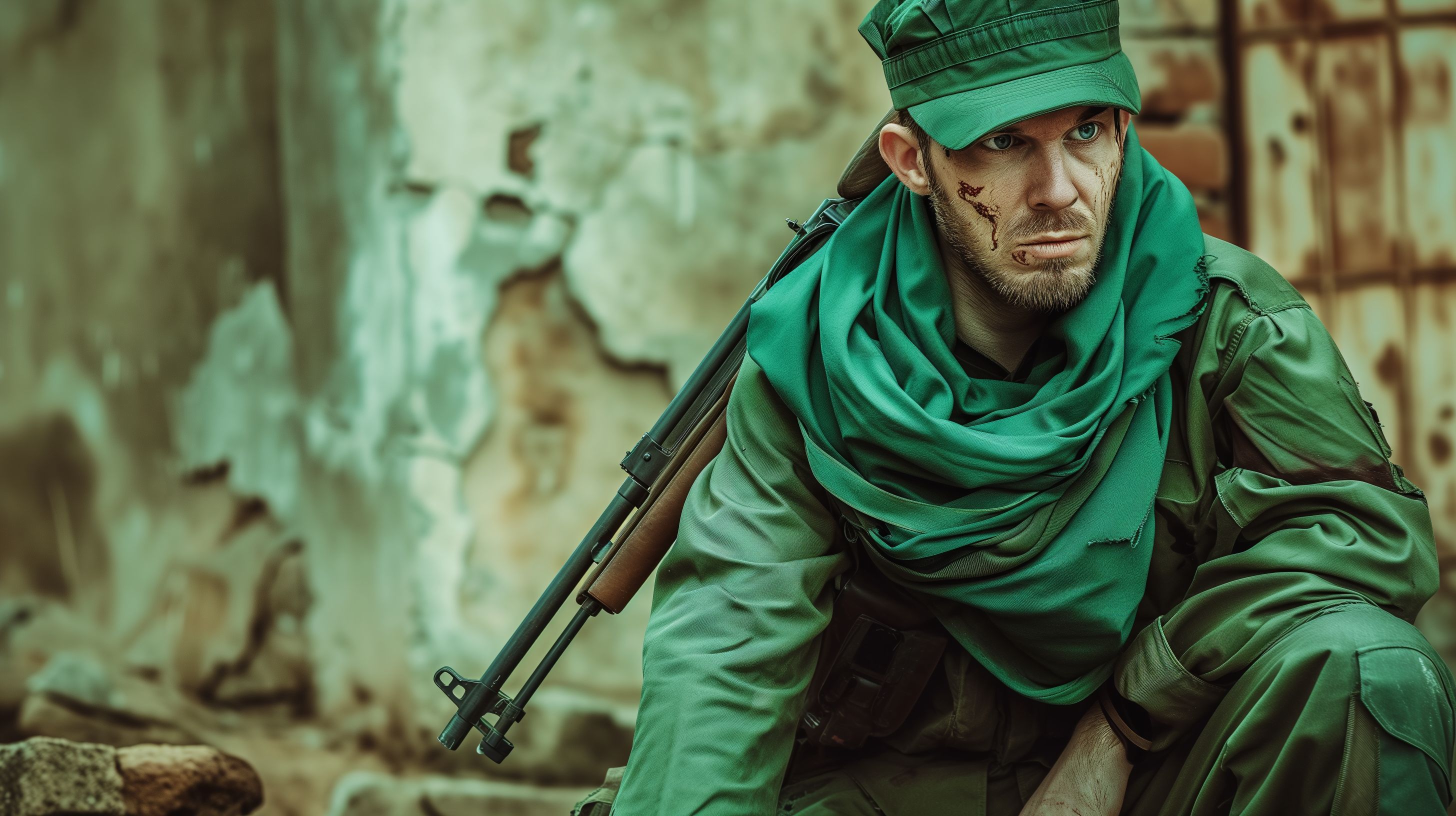 Prompt: green scarf, long tattered coat, tall lean mature man, sniper rifle on his back, green military hat, scowl, green pants, ripped sleave, holes in clothing, blue eyes, dirty brown messy hair, green shirt and pants, open brown duster, brown work boots, covered in dirt + dust + blood, blowing behind in wind --v 6.0 --ar 16:9