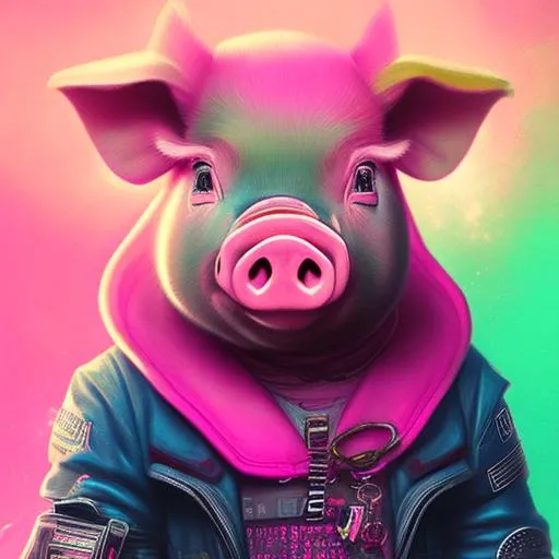 Prompt: a beautiful portrait of a cute cyberpunk Pink Pig by greg rutkowski and wlop, Pink and Cyan color scheme, high key lighting, digital art, highly detailed, fine detail, intricate, ornate, complex 