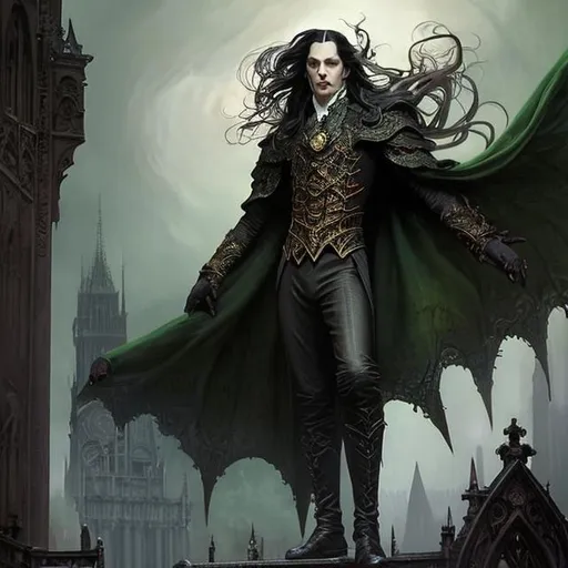 Prompt: Full body splash art of skinny male, undertaker, green eyes, androgynous, handsome, very long dark hair, pale skin, victorian clothes, elegant, highly detailed, intricate, smooth, sharp focus, artstation, digital painting, concept art, art by greg rutkowski, alphonse mucha and John William Waterhouse, dark, eerie, gothic, creepy, romantic, insanity