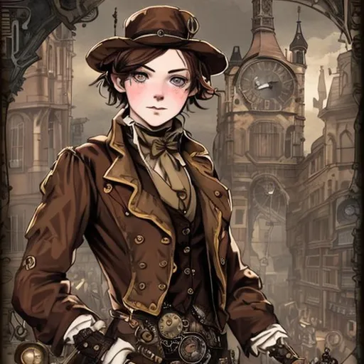 Prompt: steampunk victorian england, young street woman, short brown hair, somewhat rugged looking yet charming
drawn to look like a cartoon
tomboyish
a bit stern looking, no blush and not pale