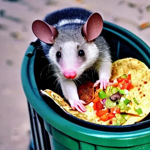 Prompt: Possum in a trashcan eating a taco photograph 