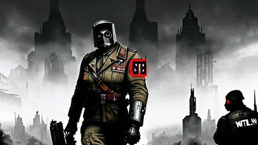 Prompt: Wolfenstein, nazi, future, dark, dystopia, man in the high castle, concrete, mega city.
A masked man stares into the distance (facing the veiwer), the army below him marching and roaring