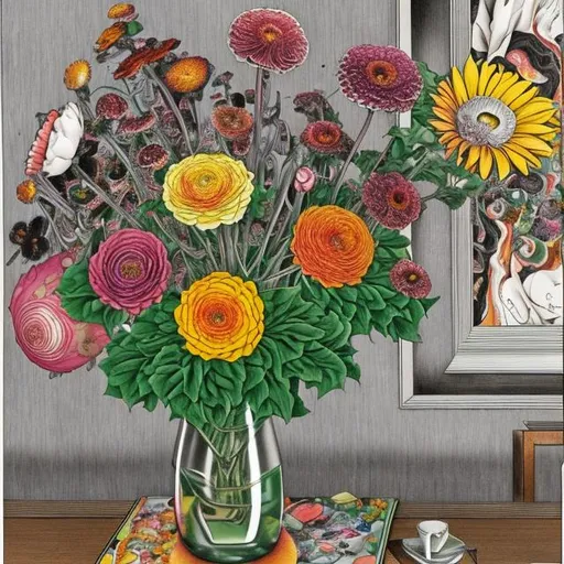 Prompt: Colorful flowers still life Junji Ito art