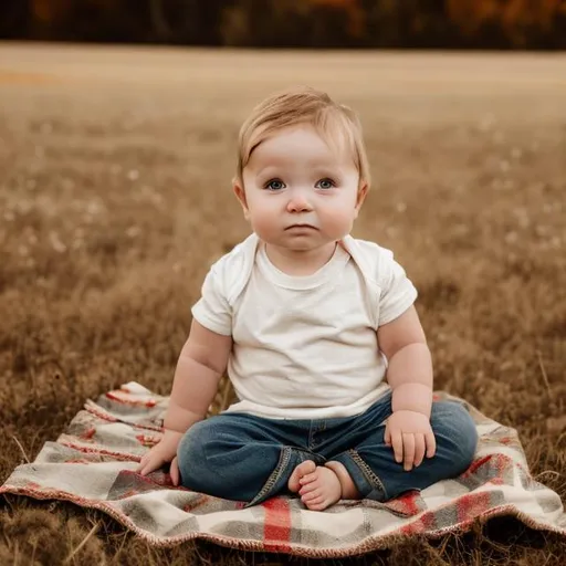 Prompt: baby boy with plain white tshirt on with no text sitting on a western blanket in a pasture with fall neutral tones
