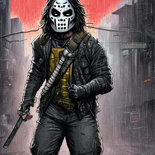 Prompt: Casey Jones wearing hokey mask dark ally raining full body shot