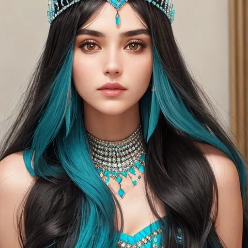 Prompt: Woman with long dark hair, wearing a turquoise studded tiara and jewelry