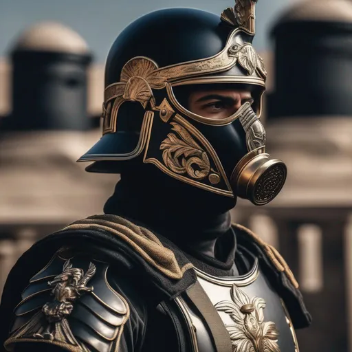 Prompt: A modern roman military male in black military armor galea helmet of roman armor, and gas mask, background military base, Hyperrealistic, sharp focus, Professional, UHD, HDR, 8K, Render, electronic, dramatic, vivid, pressure, stress, nervous vibe, loud, tension, traumatic, dark, cataclysmic, violent, fighting, Epic