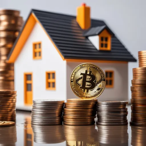 Prompt: a house with a bitcoin on top of it next to stacks of coins and a house model, Edi Rama, futurism, future, a stock photo