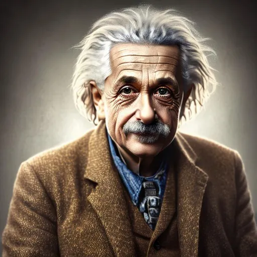 Prompt: "Prompt

photo realistic colored portrait - Natural lighting and shadows
- Rich textures and details
- Realistic colors and proportions of {Albert Einstein}, centered in frame, facing camera, ideal human, 85mm lens,f8, photography, ultra details, natural light, light background, photo, Studio lighting, ultra high definition,  