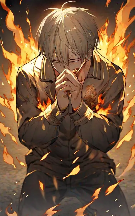 Prompt: man crying in the middle of flame, man crying surrounded by fire, kneel down, tears, burning fire, burning ground, dark sky, open hand, gloomy tone, gold background