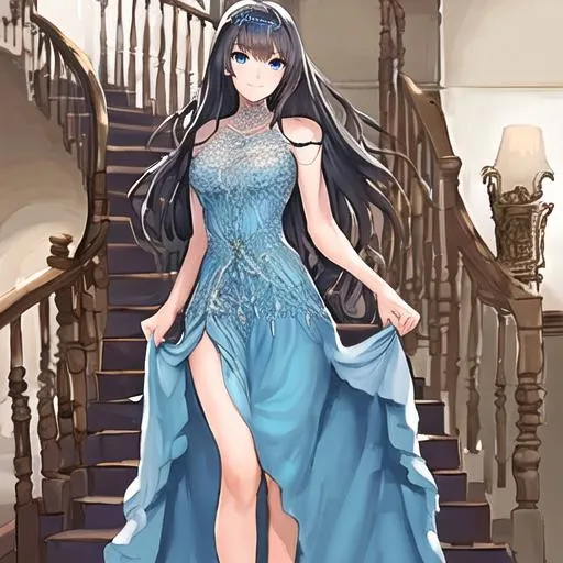 Prompt: beautiful woman with medium-length brown hair, blue eyes, a long and flowing blue dress with blue high heels coming down the stairs into the living room, blushing, happy face