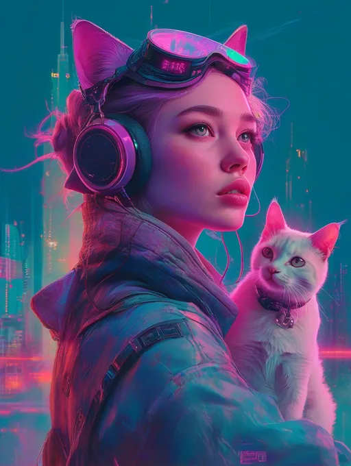 Prompt: Woman with a cat in her arms, headphones on her head, a cat resting on her shoulder, vibrant blues and purples create a cyberpunk aesthetic, retrofuturism elements with neon lights and futuristic city backdrop, highly detailed character style reminiscent of Artgerm, dynamic poses and expressions, captivating colors, ethereal atmosphere, ultra-detailed, cinematic quality.