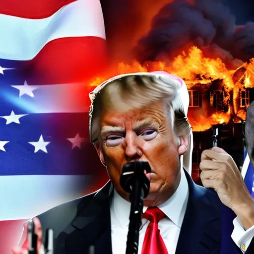 Prompt:  Donald trump with a gun to joe bidens head with barack obama crying. Gay pride flag in background buildings on fire