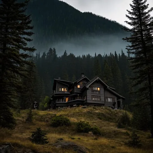 Prompt: horror house, night ,  moon, mountain , dark forest , torch, fire 
