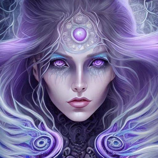 Prompt: Ursula the sea witch, light purple hair, illustrated, purple skin, black tentacles, natural blue eyes, looking into the camera, symmetrical beautiful pretty anatomically correct face, anatomically correct body, dreamy, ultra realistic, high octane, extreme detail,
