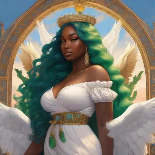 Prompt: an beautiful thicc body big hips lady  long green hair black skin female angel with blue eyes with dove on out stretched hand