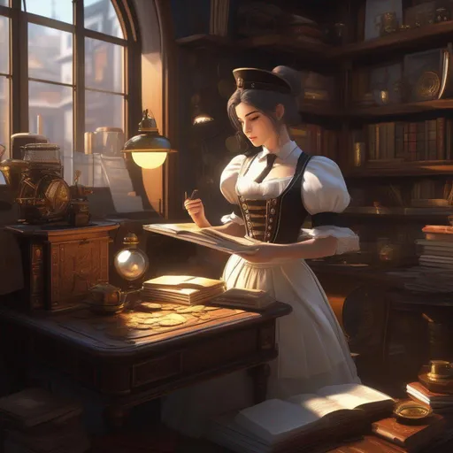 Prompt: ((steampunk maid), dusting furniture, messy room), trending on ArtStation, 8k resolution, (dim lighting, window light shining through, scattered junk food and papers), books. The atmosphere is filled with creativity, craftsmanship, and the synergy of art and technology.