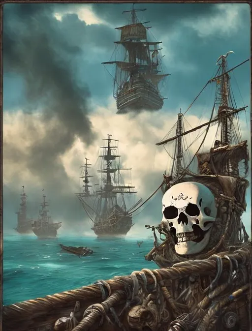 Prompt: In the Caribbean's azure waters, a formidable pirate ship emerges from the mist. Its dark, weathered hull and tattered sails speak of countless voyages. Jolly Roger flags flutter as the ship embarks on another daring adventure. volcano skulls